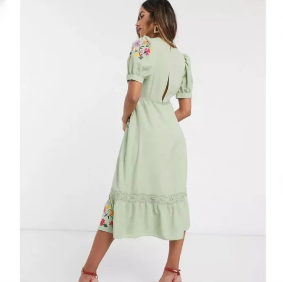 NWT ASOS Embroidered Green Tea Party Dress - Picture 2 of 11